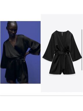 Zara Satin Black Wrap Chain Detail Romper Short Jumpsuit